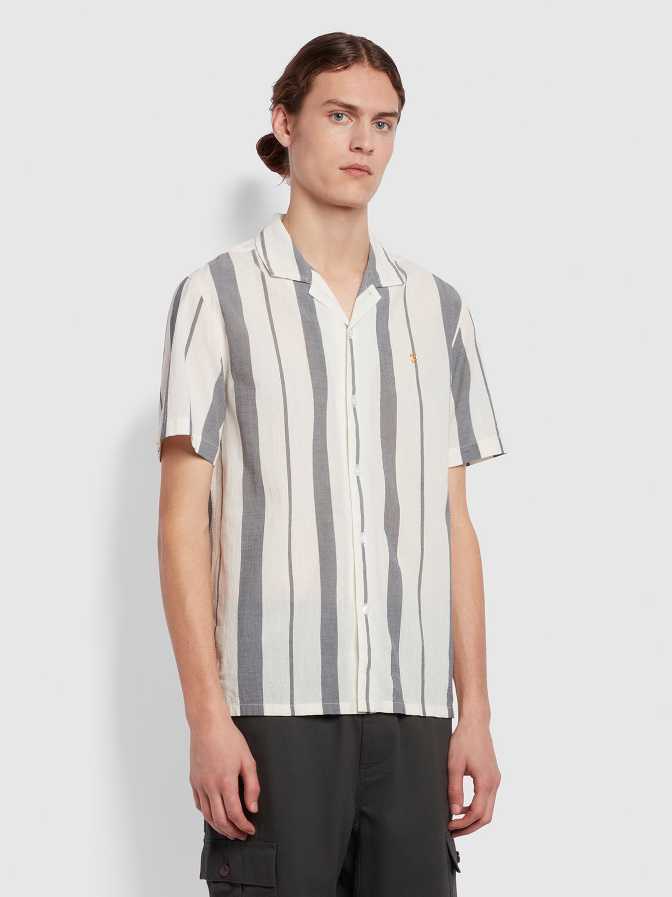 View Farah Adler Casual Fit Short Sleeve Stripe Revere Shirt In True Navy White Mens information