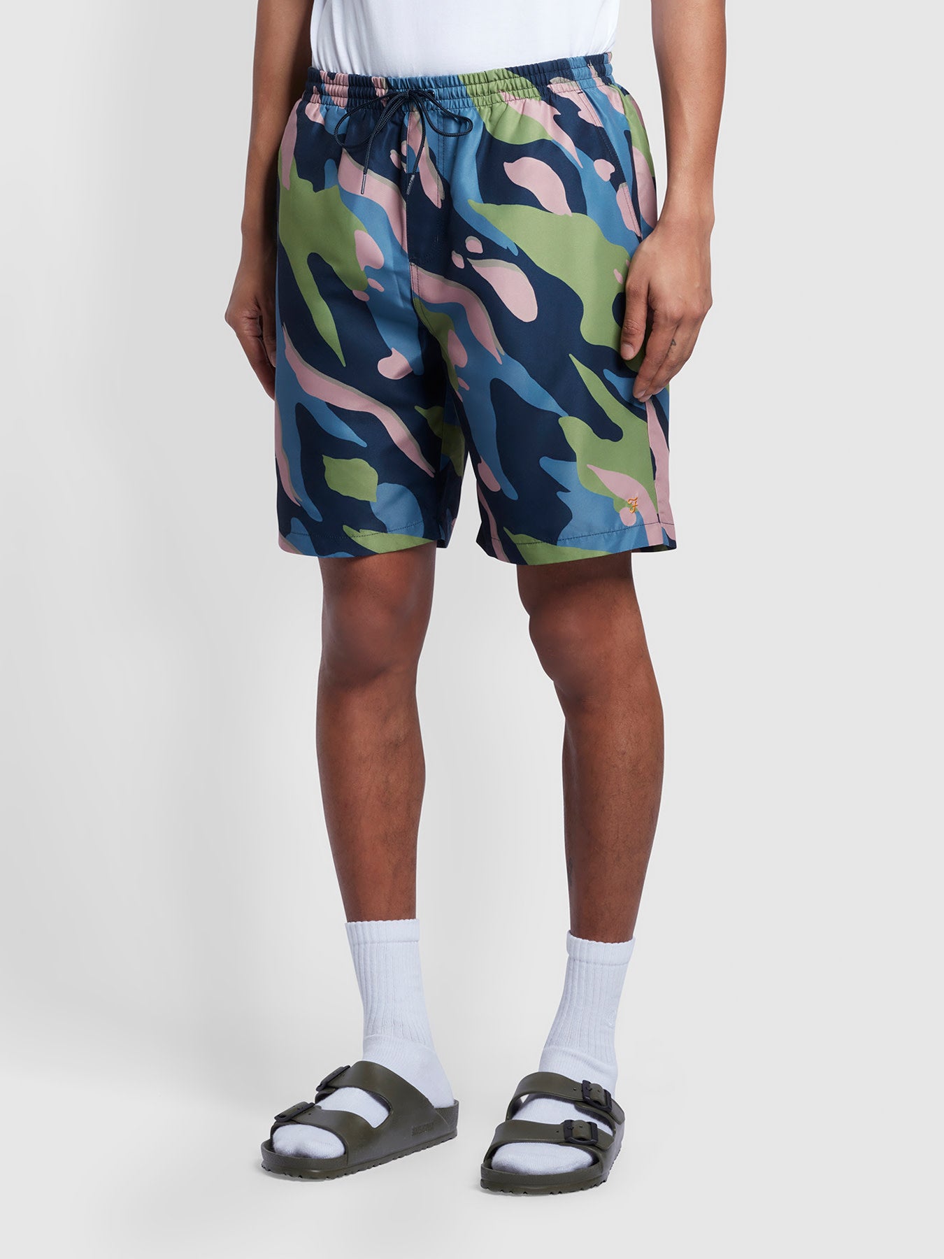 View Farah Murphy Regular Fit Camo Print Swim Shorts In True Navy Blue Mens information