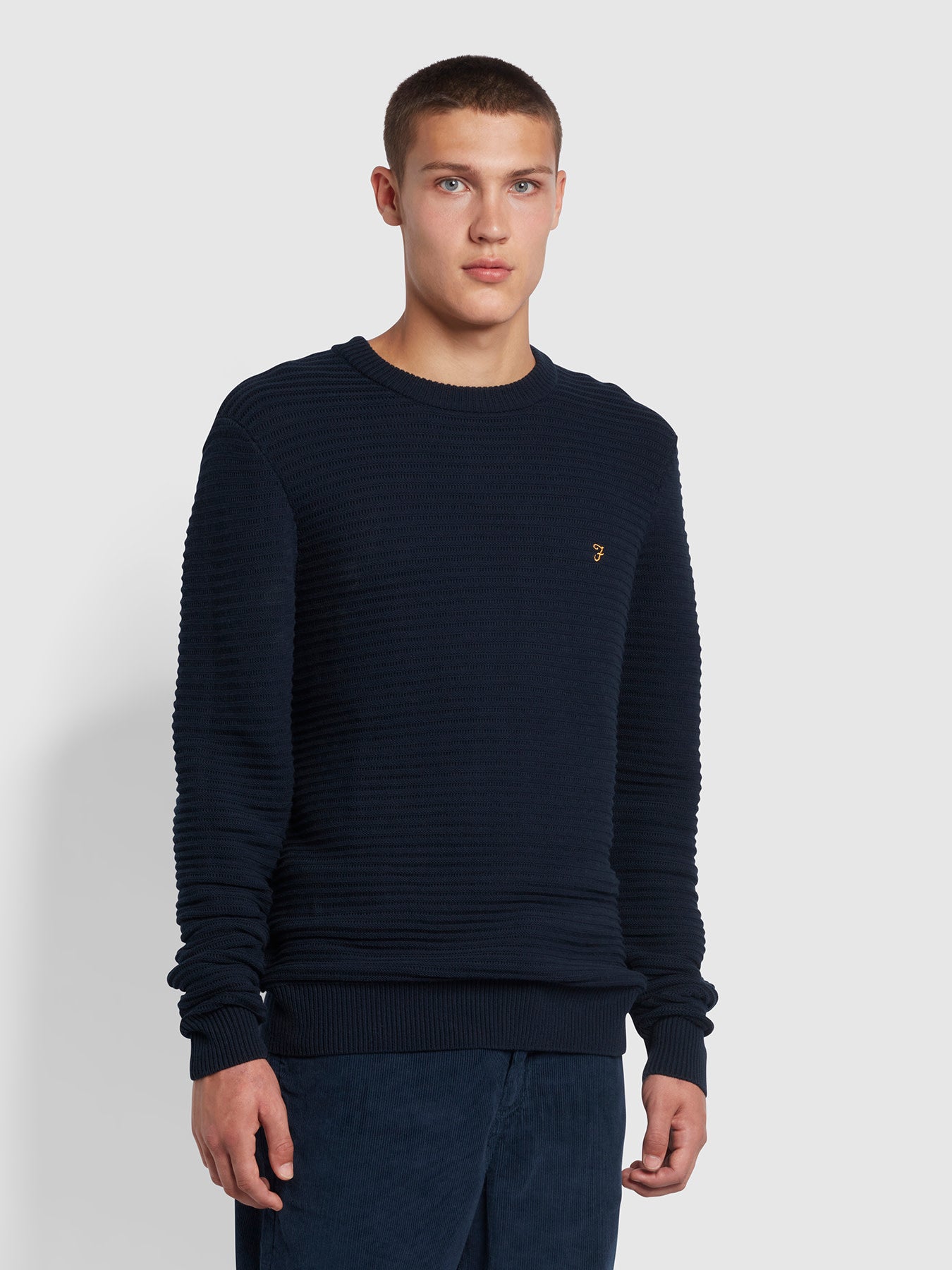 View Farah Widnes Regular Fit Cotton Crew Neck Jumper In True Navy Blue Mens information