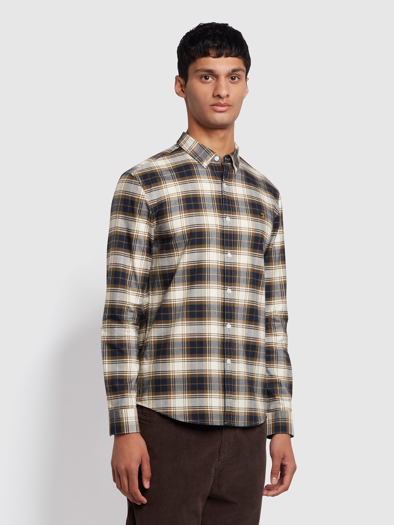 View Farah Brewer Slim Fit Organic Cotton Check Oxford Shirt In Brown Mens information