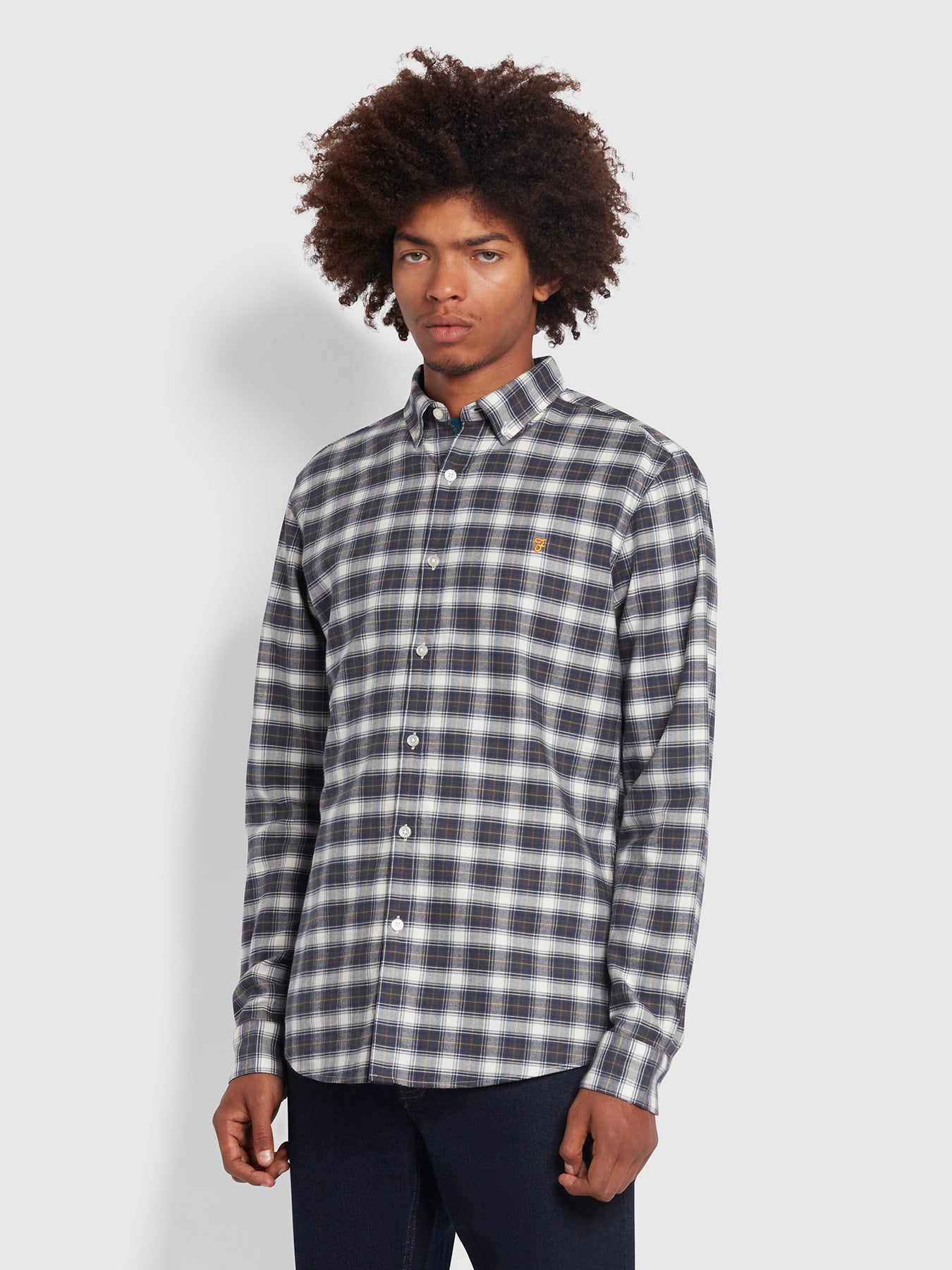 Farah Fraser Button Down Check Organic Cotton Shirt In Beige