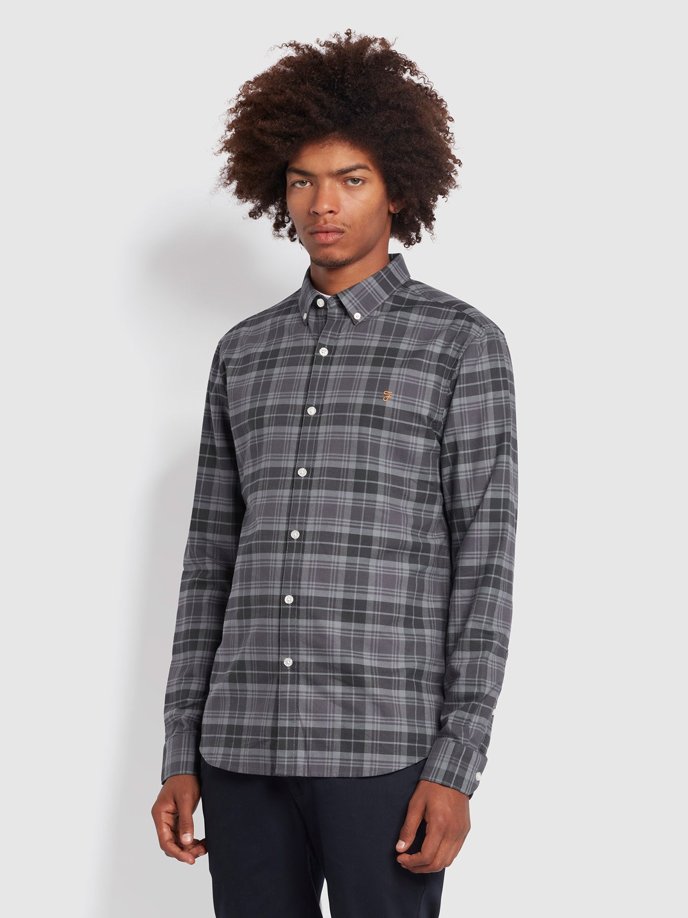 View Farah Brewer Slim Fit Organic Cotton Check Oxford Shirt Grey Mens information