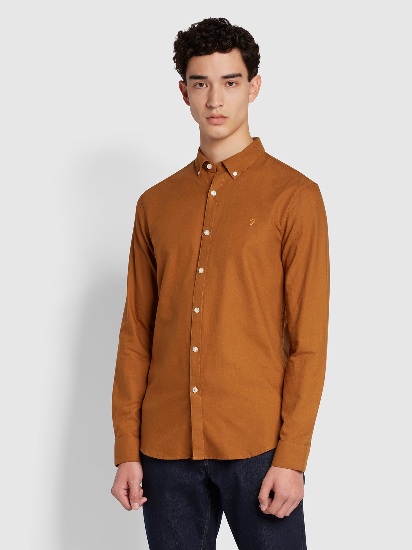 Farah Brewer Slim Fit Organic Cotton Long Sleeve Shirt In Brown