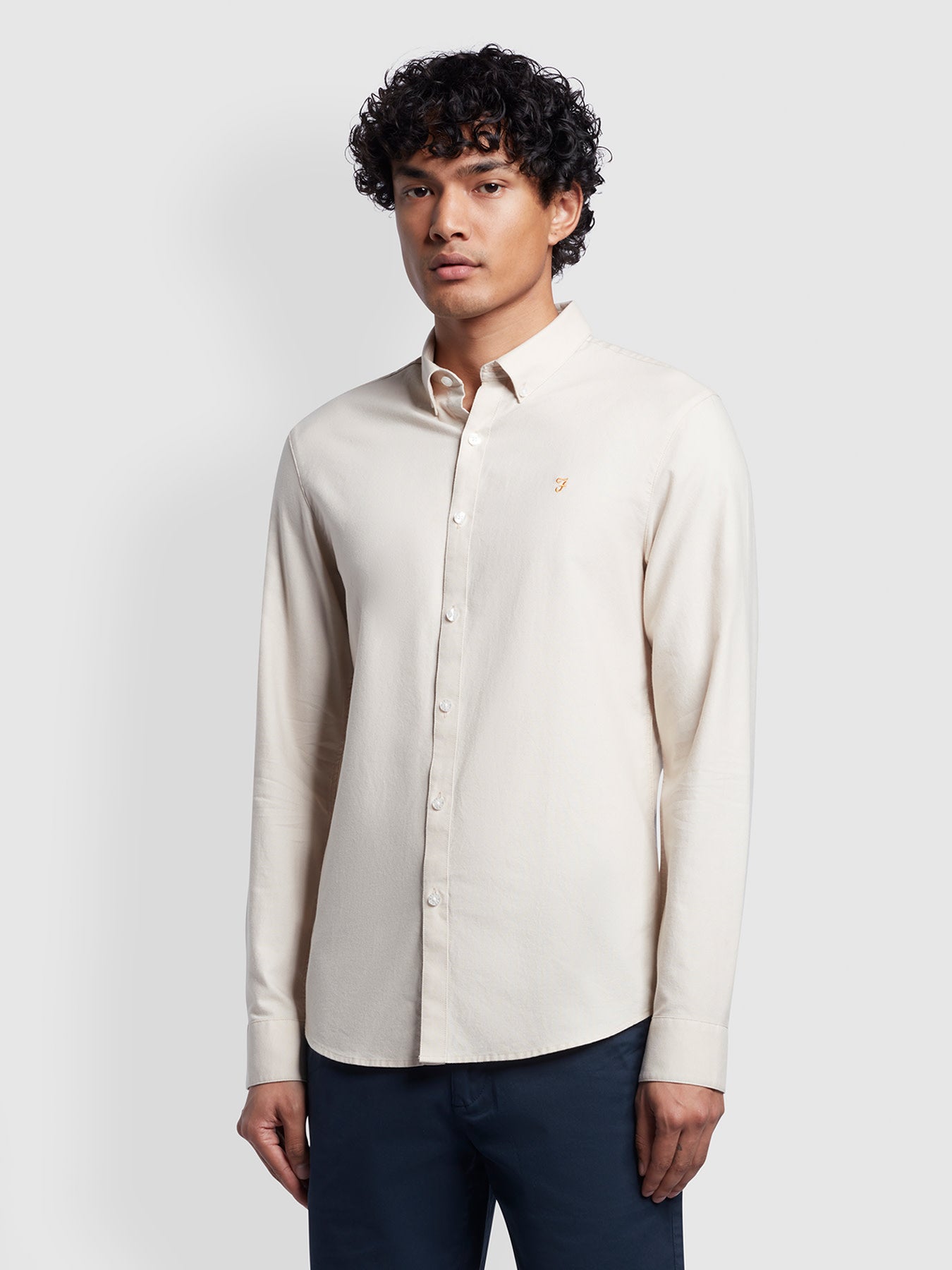 View Brewer Slim Fit Organic Cotton Oxford Shirt In Fog information