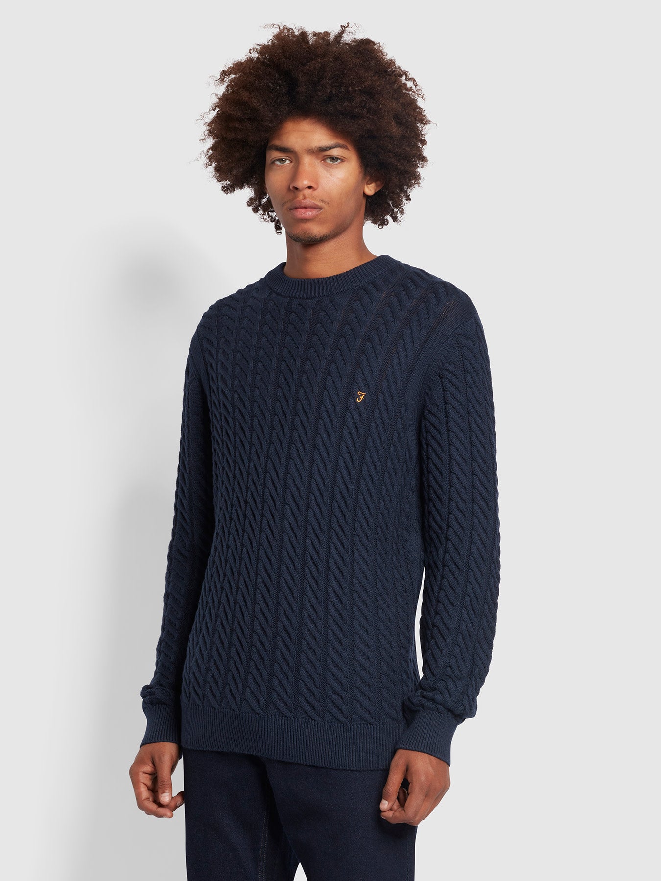 View Aspo Slim Fit Cable Knit Jumper In True Navy information