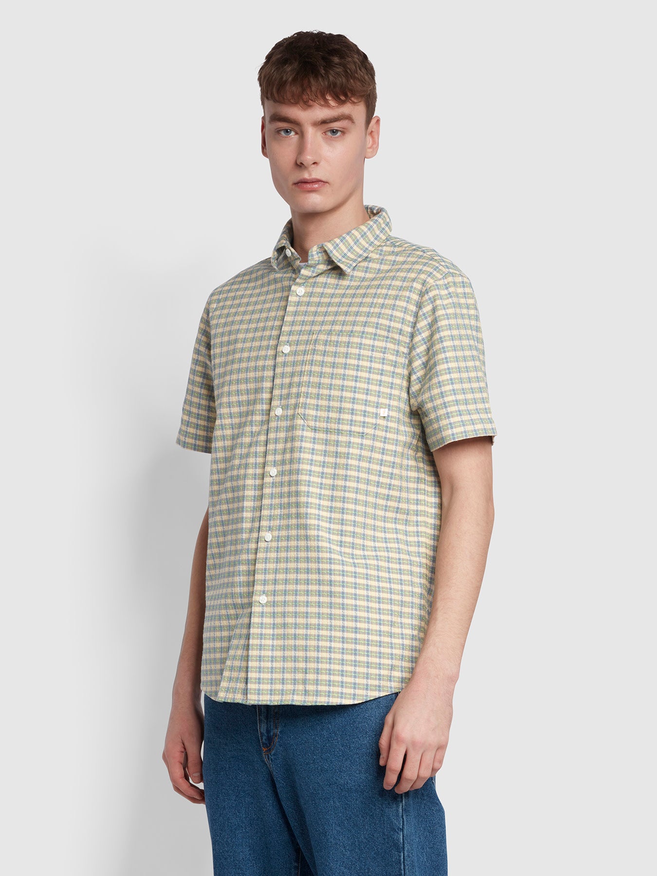 View Farah Emerson Casual Fit Organic Cotton Check Shirt In Pyramid Yellow Yellow Mens information