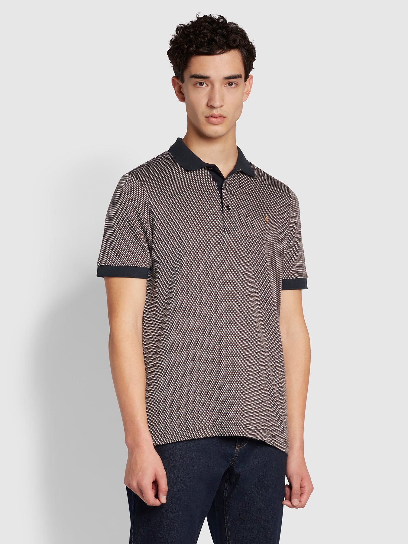 Farah Camden Regular Fit Organic Cotton Jacquard Check Polo Top In Blue