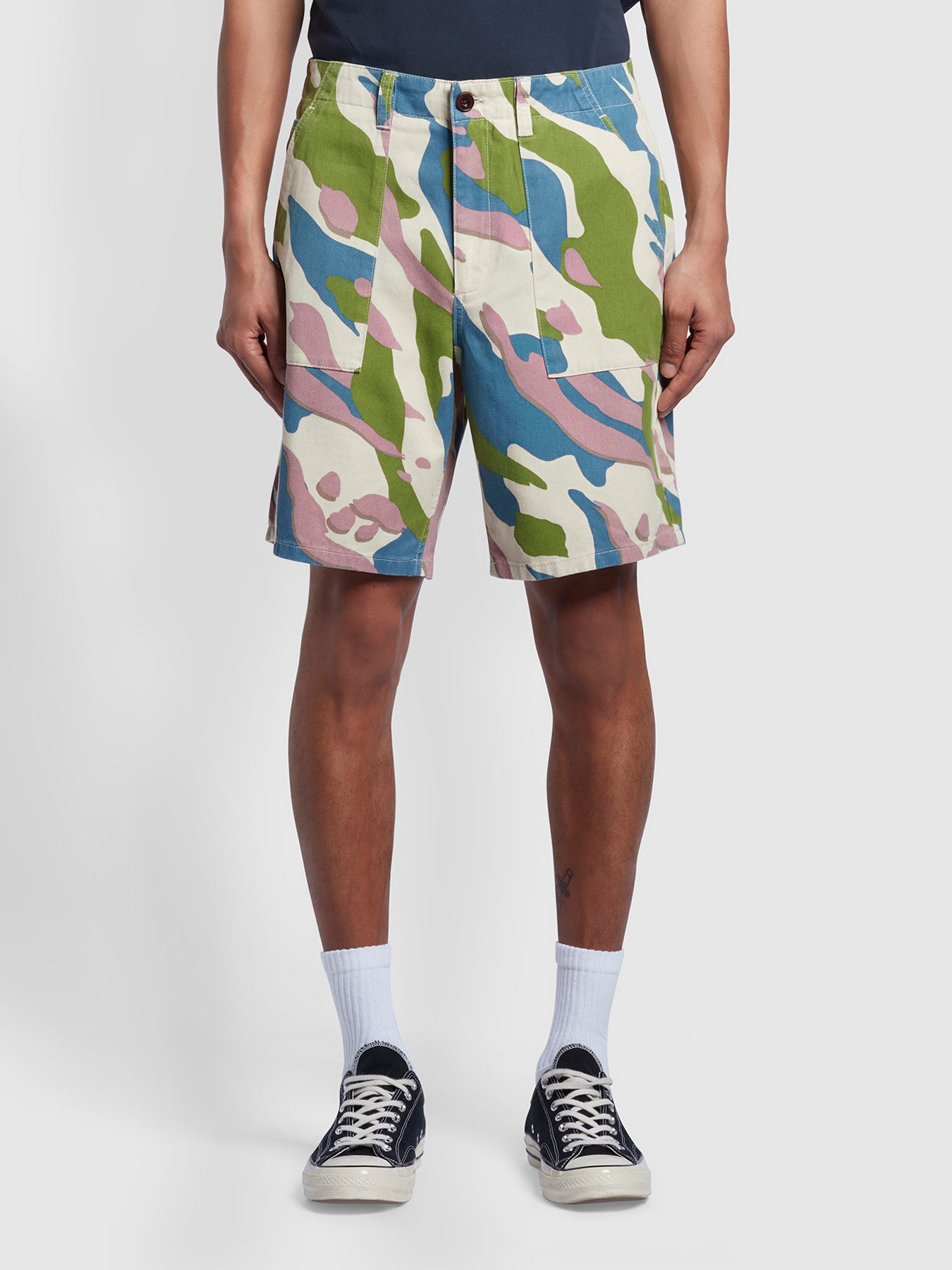 View Sepel Casual Fit Patch Camo Print Twill Shorts In Fog information
