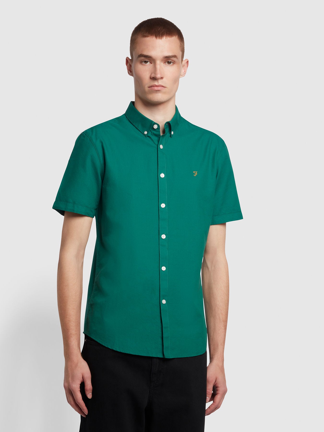 View Farah Brewer Slim Fit Short Sleeve Organic Cotton Oxford Shirt Green Mens information