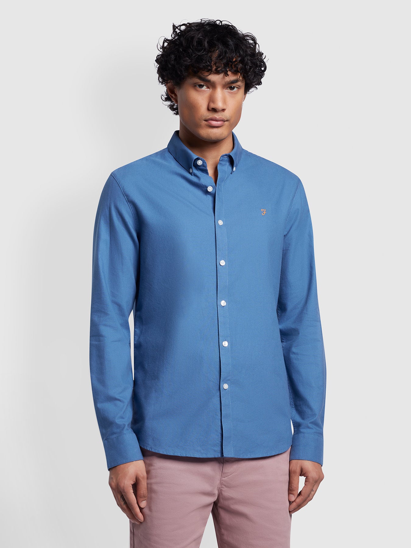 View Farah Brewer Slim Fit Organic Cotton Long Sleeve Shirt In Caribbean Blue Blue Mens information