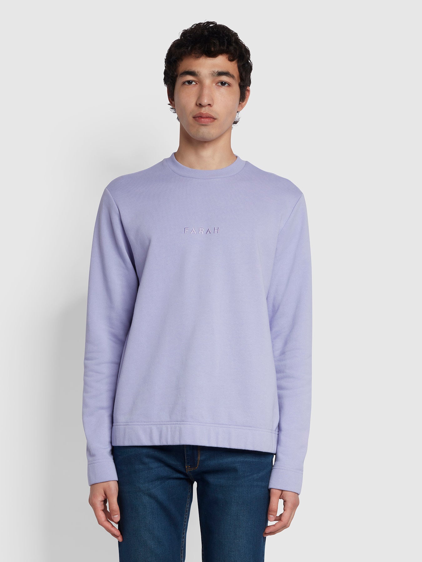 View Farah Cave Organic Cotton Crew Neck Sweatshirt In Dusty Lilac Purple Mens information