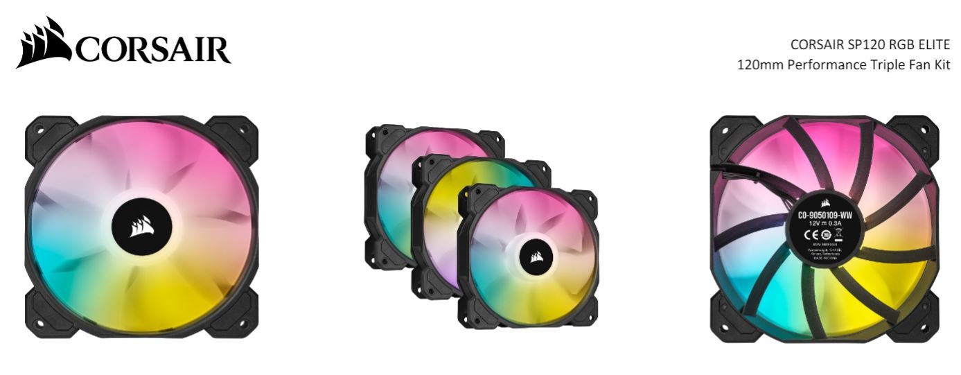 Corsair Black SP120 RGB ELITE, 120mm RGB LED PWM Fan with AirGuide, Low High CFM, Triple Pack with Lighting Node CORE | Technologies