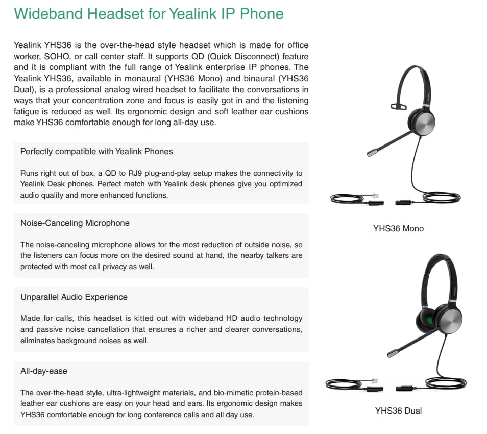 Yealink YHS36 Mono Wideband Headset for IP phone, Monaural 