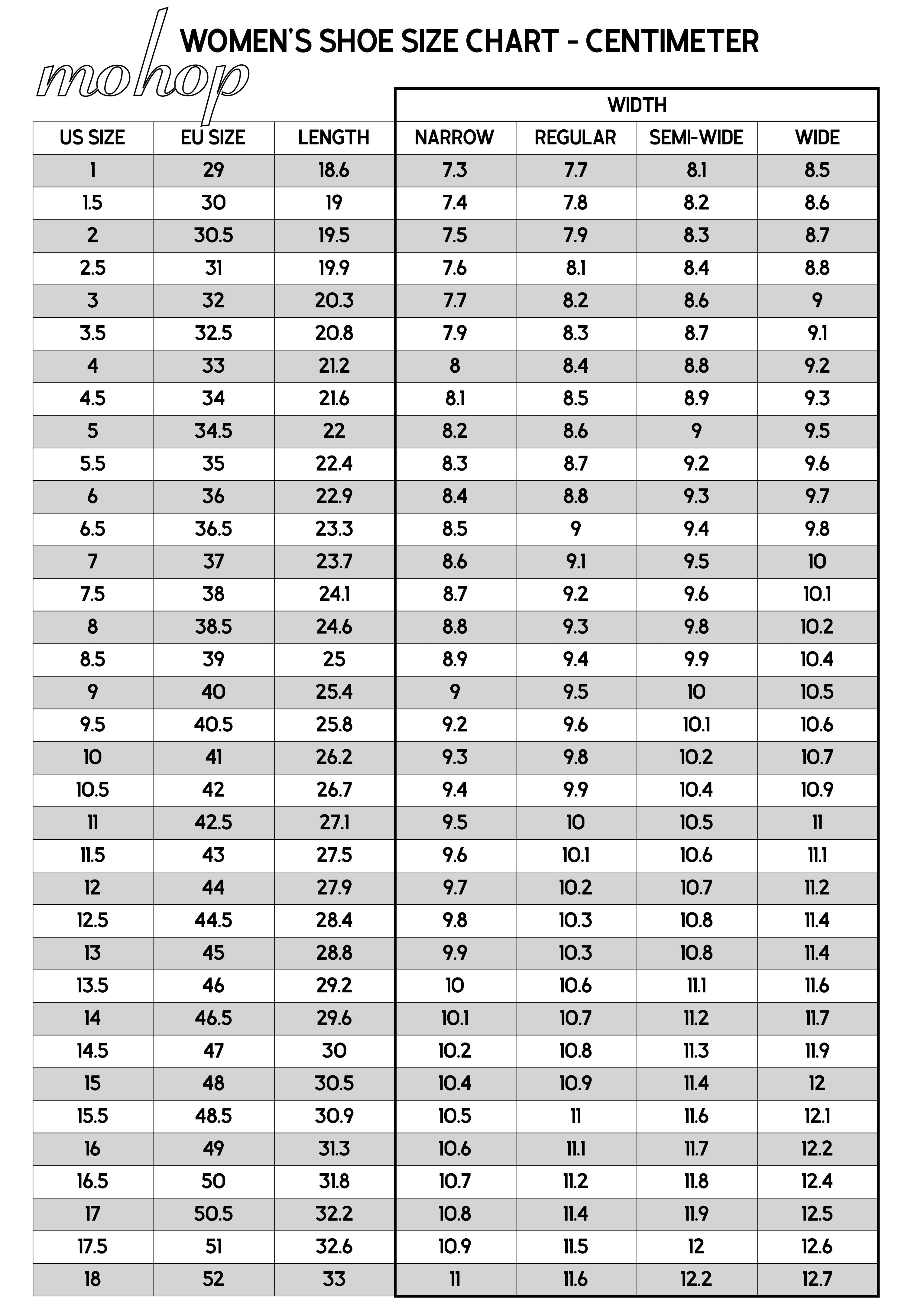 Mohop Shoe Size Charts And Conversions