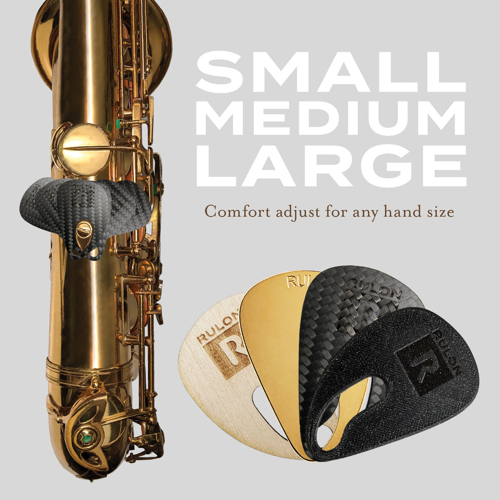 RULON ergonomic saxophone thumb rest comes in gold, carbon fiber, plastic, or wood. It helps reduce pain and discomfort while playing saxophone.