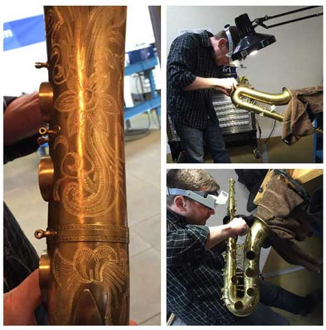 Repair Tech Ryan Walker working on vintage saxophones