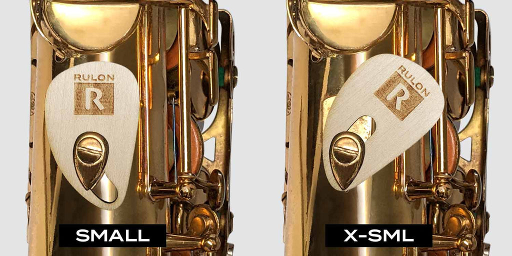 RULON ergonomic saxophone rests shown on tenor sax in small hand and very small hand position