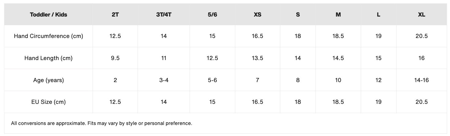 Burton Kids Glove Size Chart