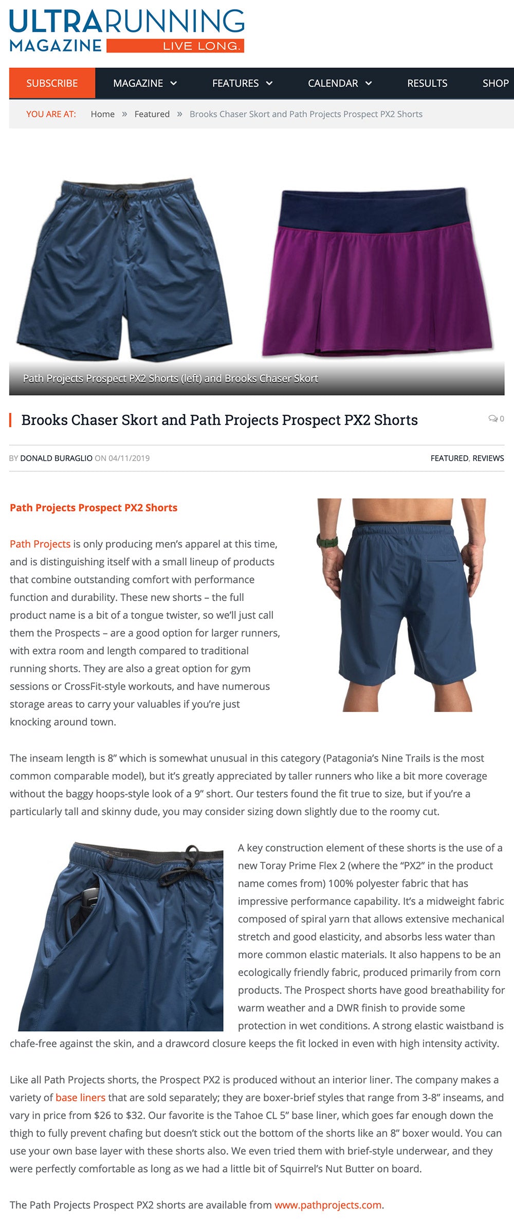 Pantalones cortos Prospect presentados en la revista Ultra Running