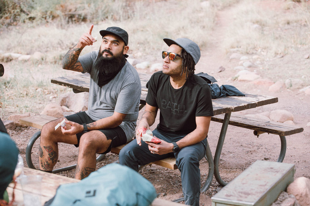 Kyle Whalum and Gunnar in the Grand Canyon looking up