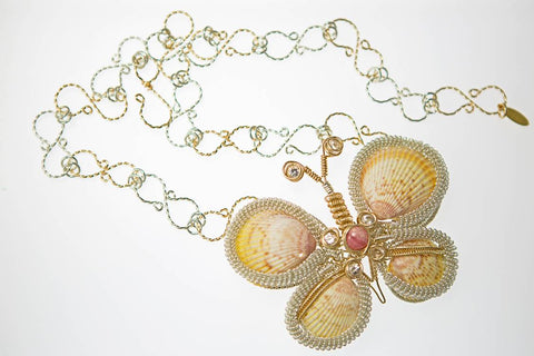 Butterfly necklace with real cockle shells, Herkimer diamonds and rhodochrosite hand wrapped in 14kt gold fill and Argentium sterling silver