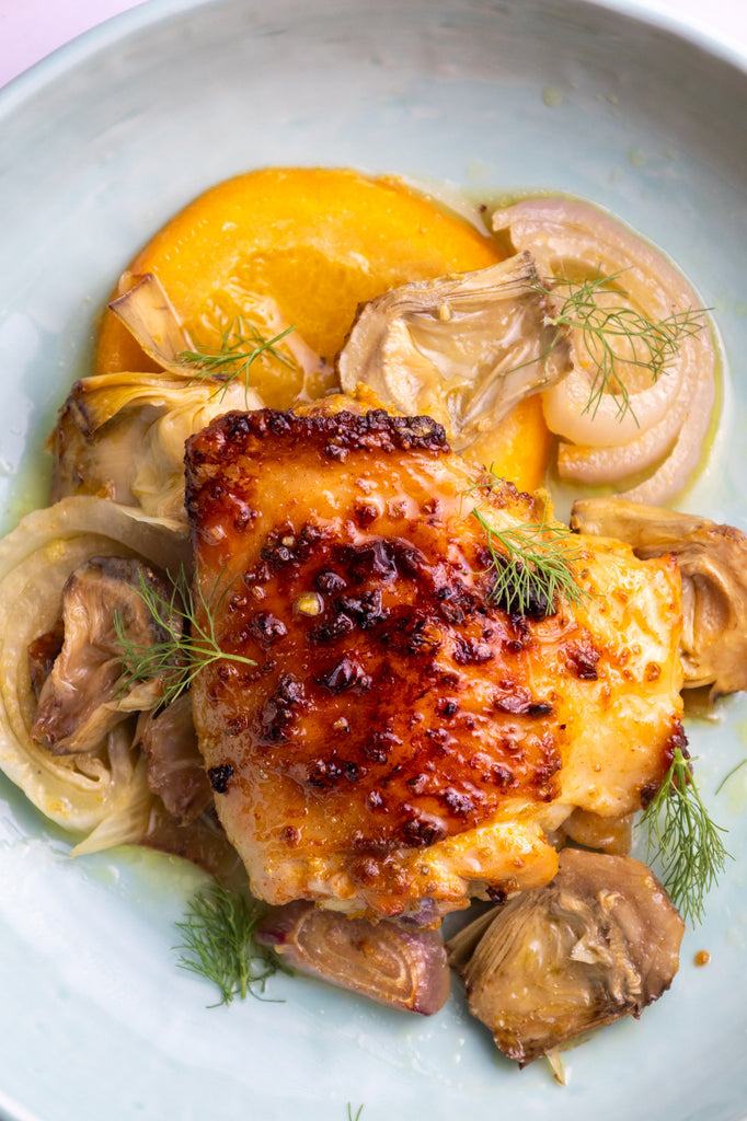 Roasted Orange Chicken Thighs With Artichoke And Fennel