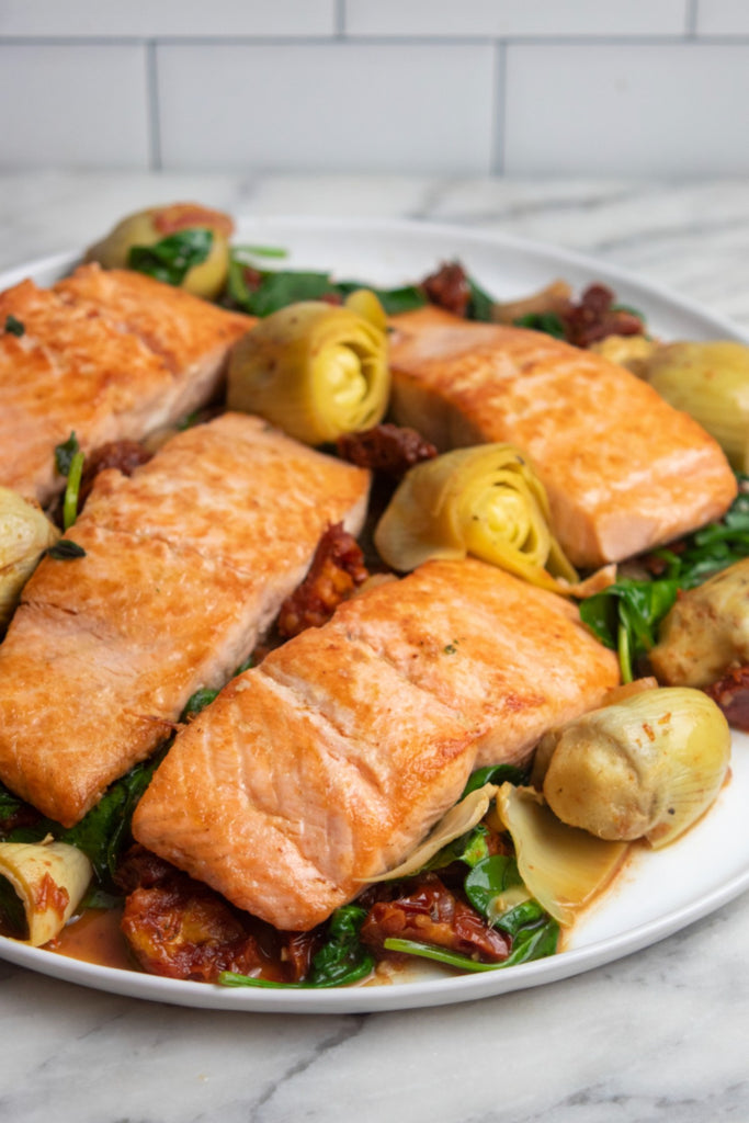 One-Pan Salmon with Artichokes and Sundried Tomatoes