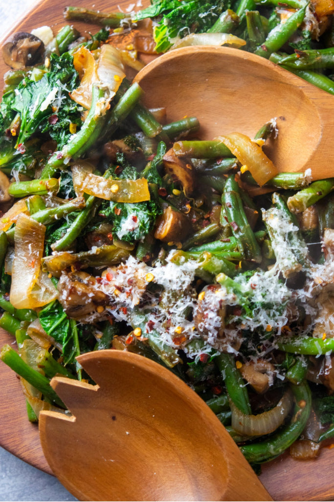 Spicy Parmesan Green Beans and Kale