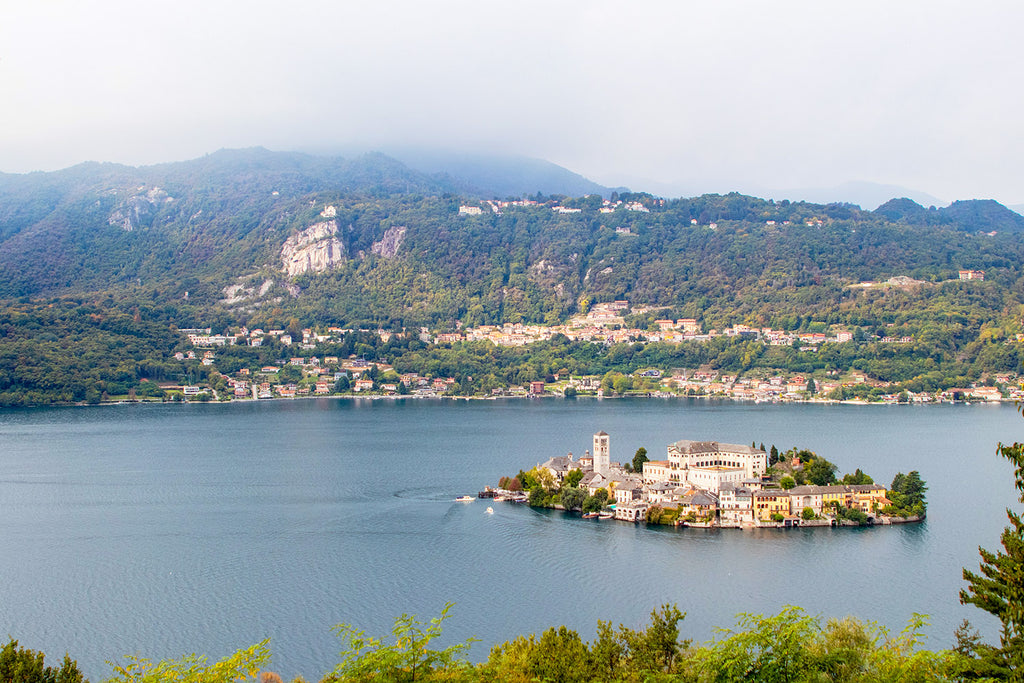 view of isola san giulo on lake orta