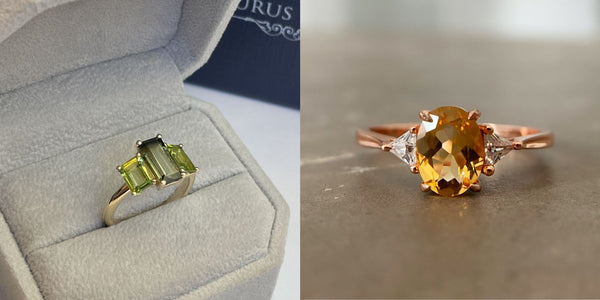 Green tourmaline and peridot step cut gems in yellow gold beside a brilliant citrine set in rose gold.