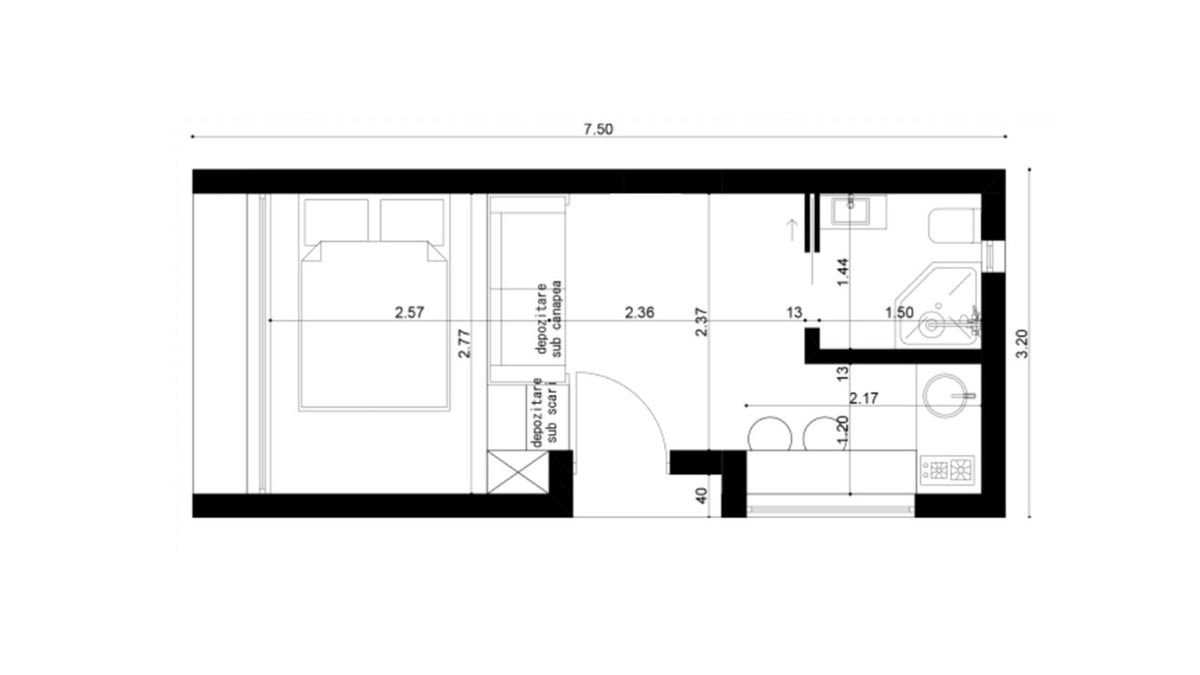 Plan interior pentru căsuța A-Shape 750 de la Mobexpert