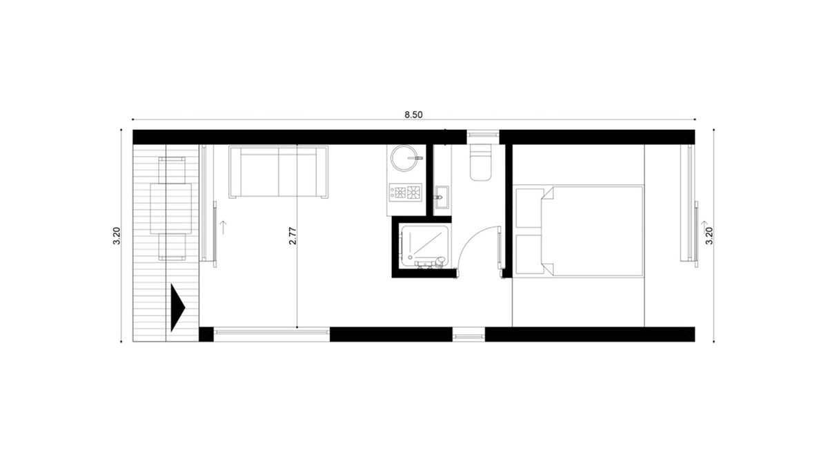 Plan interior pentru căsuța A-Shape 850 de la Mobexpert