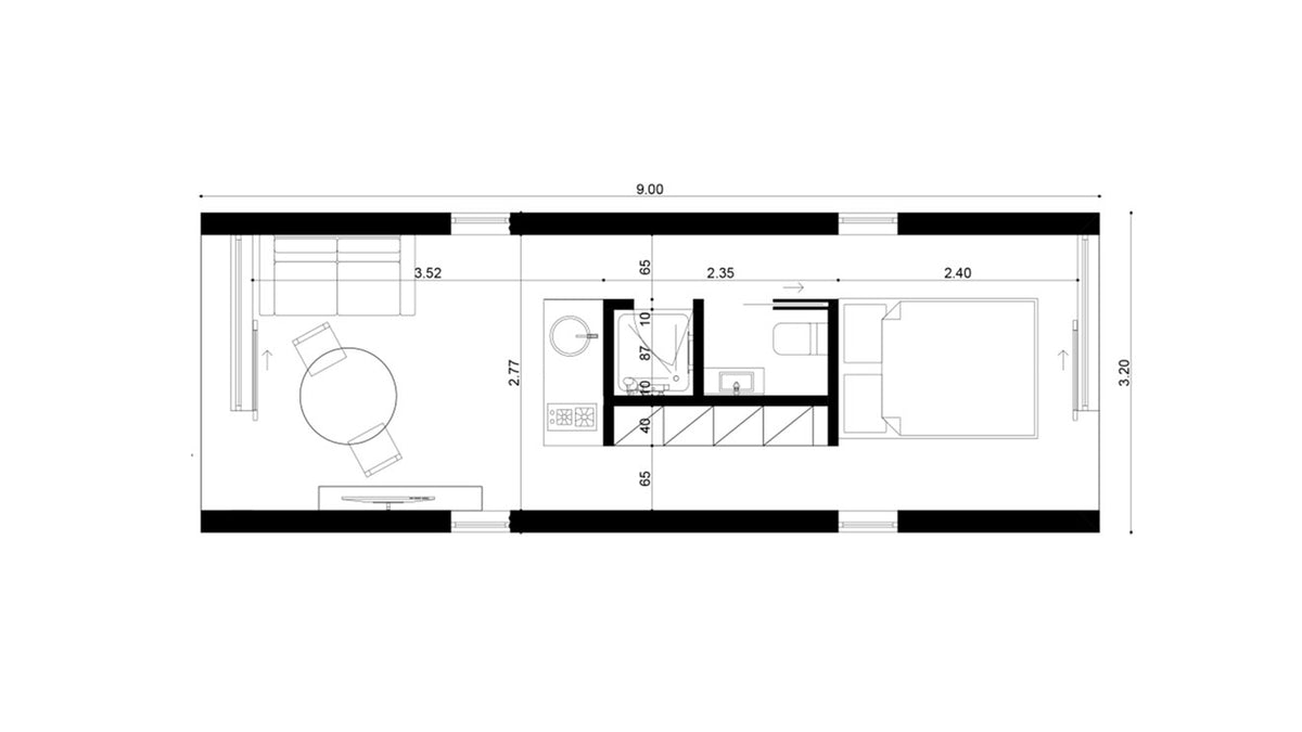 Plan interior pentru căsuța A-Shape 900 de la Mobexpert