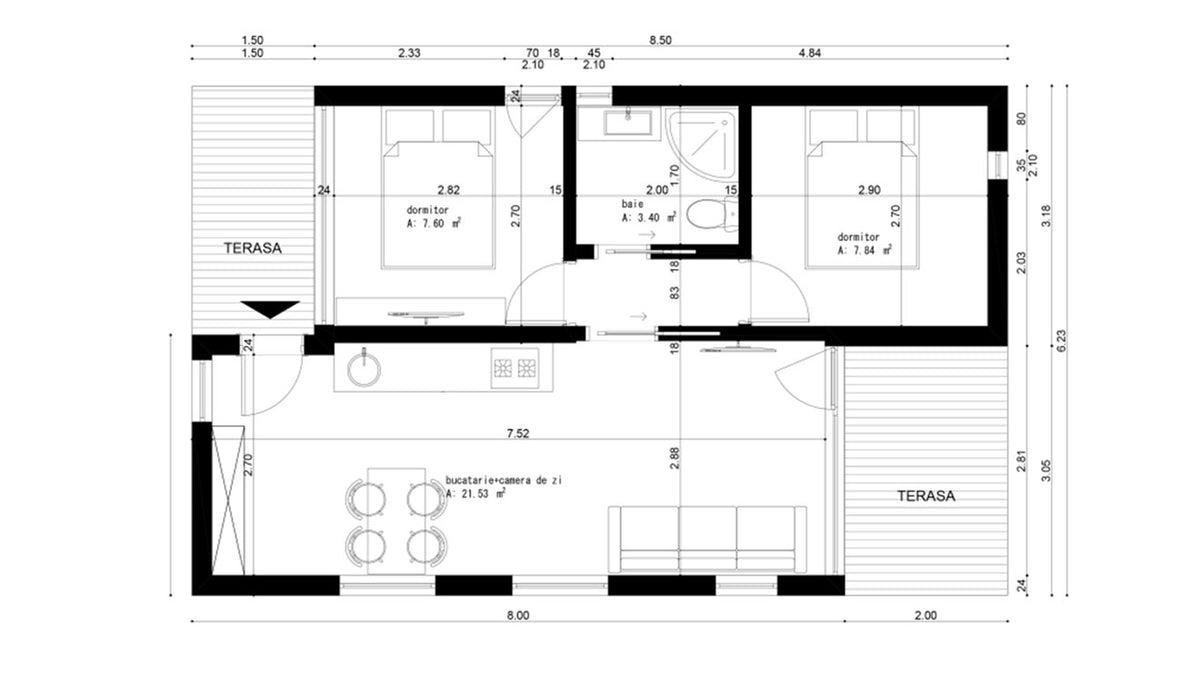 Plan interior pentru căsuța A-Shape cuplaj de la Mobexpert