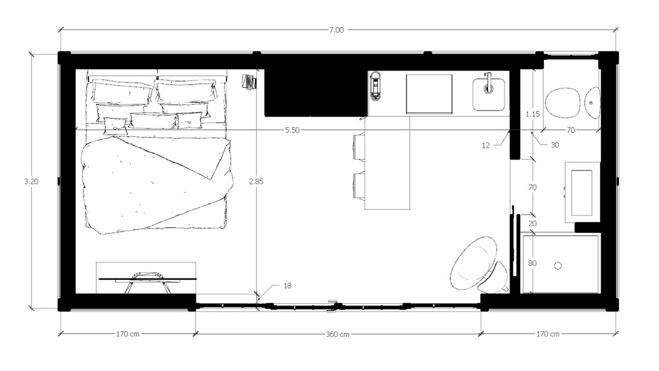Plan interior pentru căsuța Cottage 700 de la Mobexpert