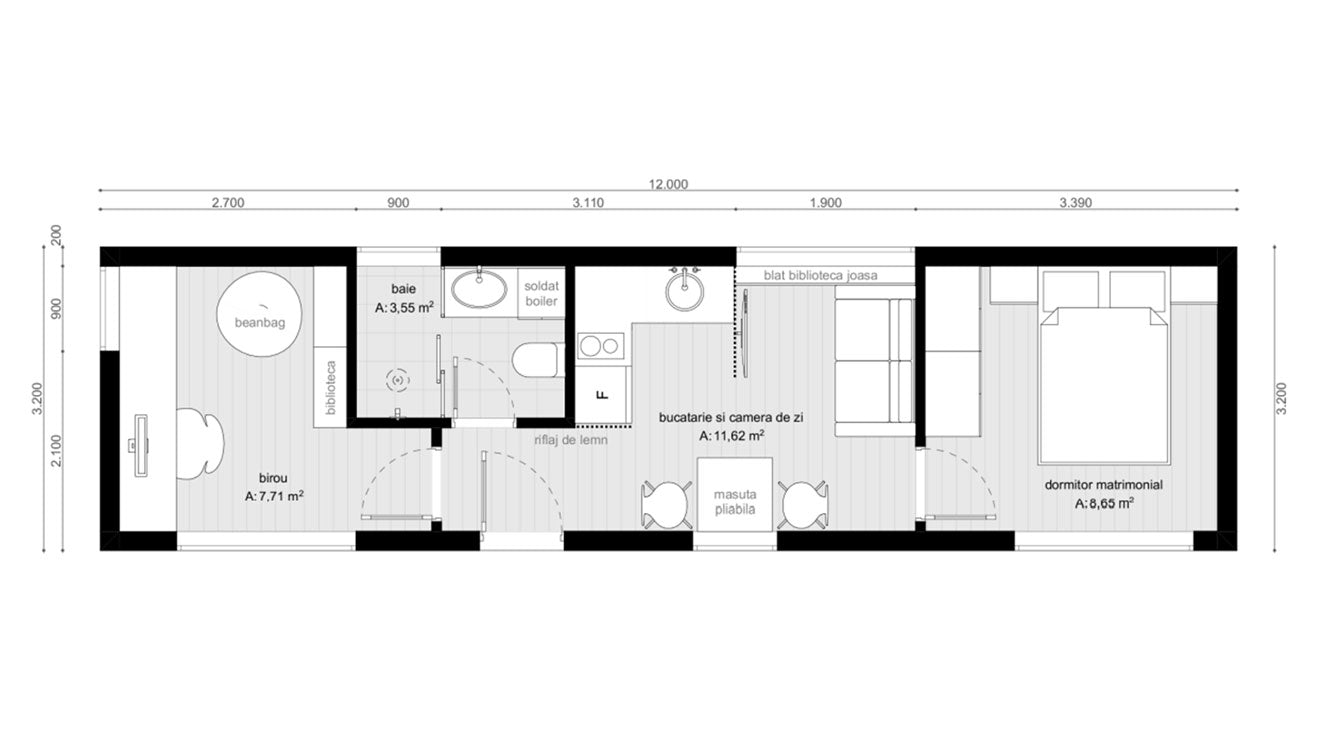 Plan interior pentru căsuța Cottage 1200v2 de la Mobexpert