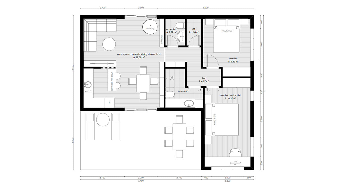 Plan interior pentru căsuța Cottage cuplaj de la Mobexpert