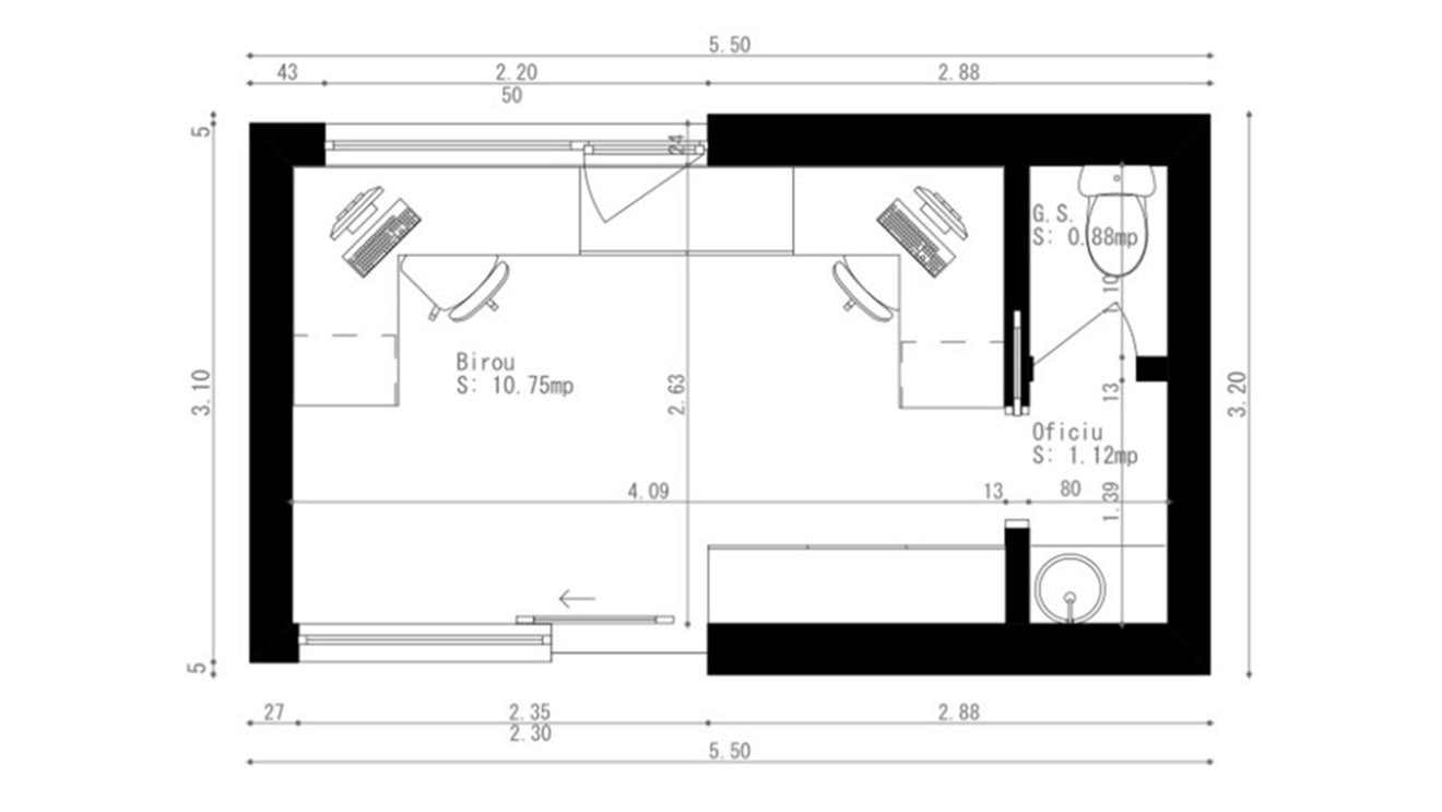 Plan interior pentru căsuța Kube 550 de la Mobexpert