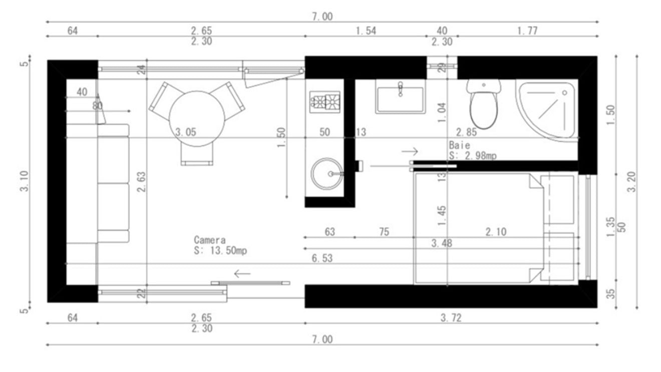 Plan interior pentru căsuța Kube 700 de la Mobexpert