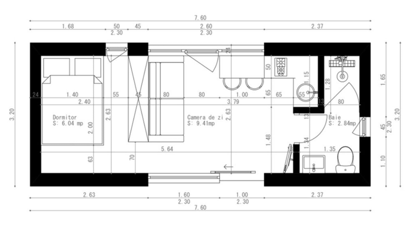Plan interior pentru căsuța Kube 760 de la Mobexpert