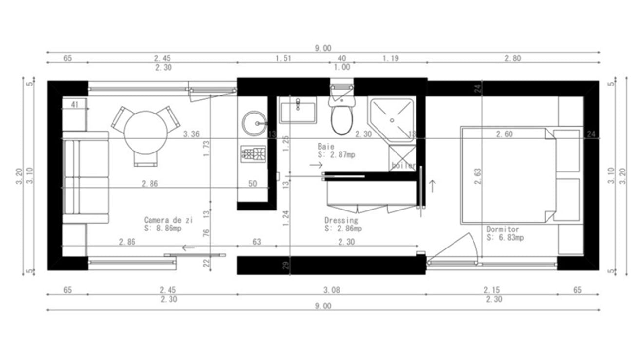 Plan interior pentru căsuța Kube 900 de la Mobexpert