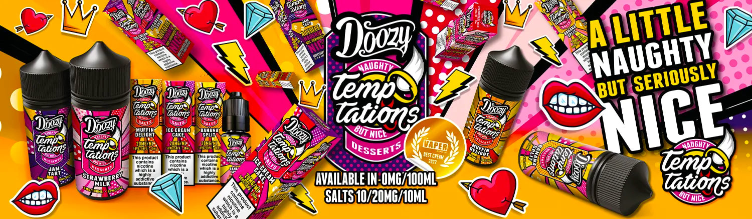 Doozy Temptations, Available in both 10 & 20mg Nicotine Salts AND 100ml 0mg Shortfills!