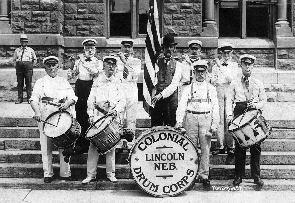 The Colonial Drum Corps on the steps of City Hall in 1910. -- Nebraska State Historical Society