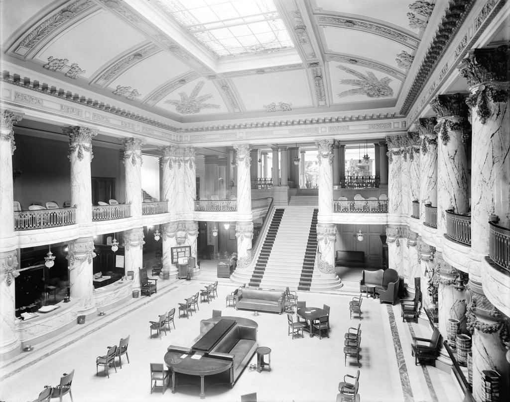 Lobby and grand staircase in the Jefferson Hotel, circa 1908. -- Library of Congress, Prints & Photographs Division, Detroit Publishing Company Collection