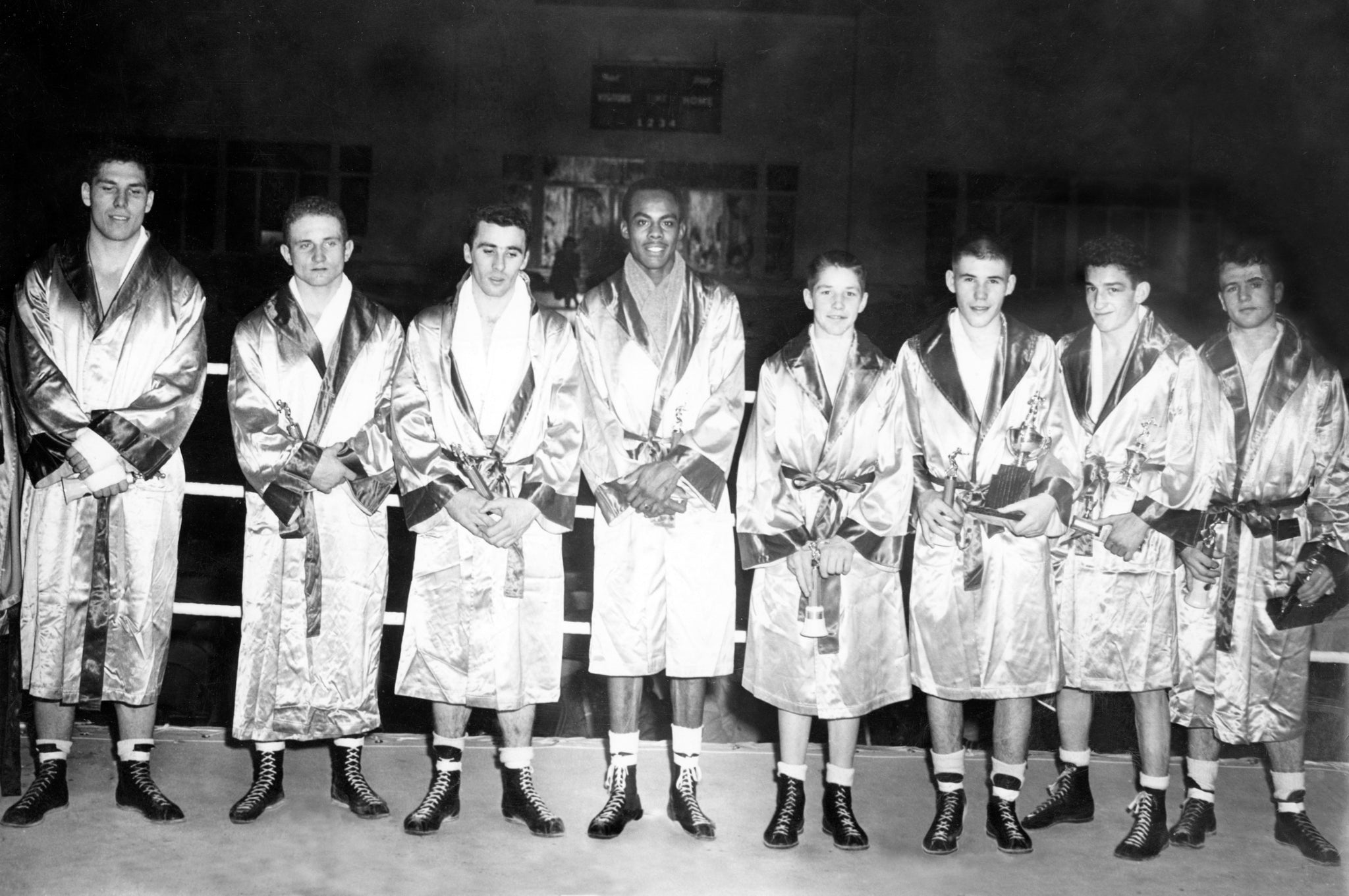 Competitors of the Golden Gloves Boxing Tournament at the Shrine Auditorium, 1958. Francis Turley is second from left. Wayne Bell is third from right. -- COURTESY WAYNE BELL