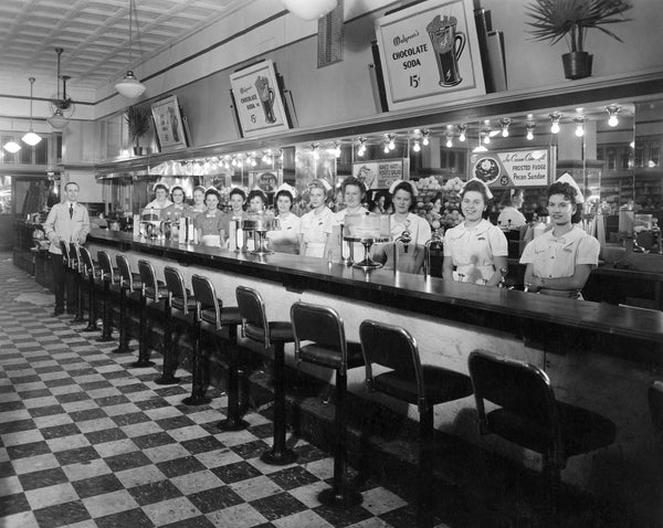 Walgreen’s Soda Fountain staff, corner of Center and Second streets, 1945. Sixth from right is Mildred Burgess. -- Courtesy of Mildred Burgess