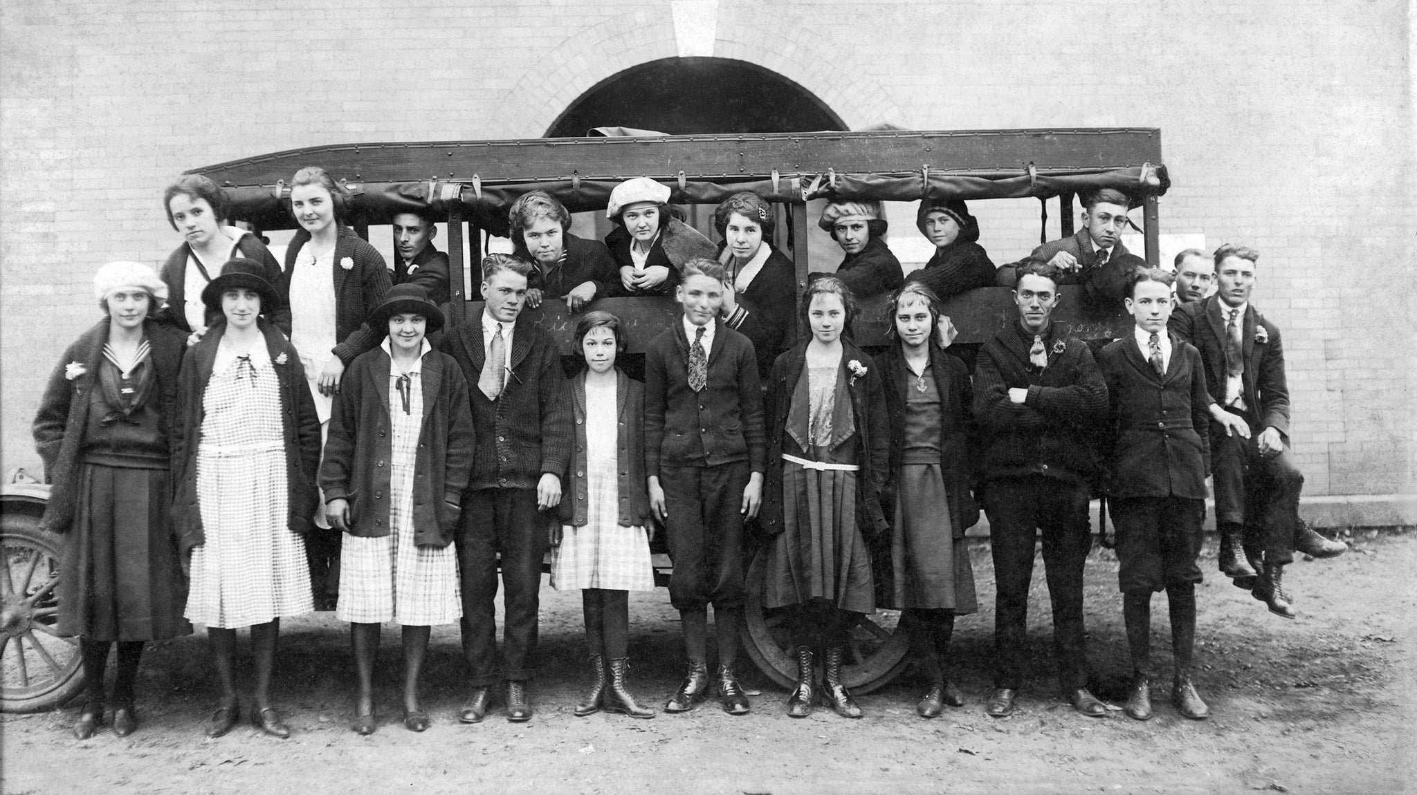 Students with the first school bus in Cleveland County, circa 1920. The bus, driven by Yates Spangler, carried students from the Double Shoals community to Piedmont School in Lawndale. -- Courtesy of Theresa Lowe, Lawndale Museum