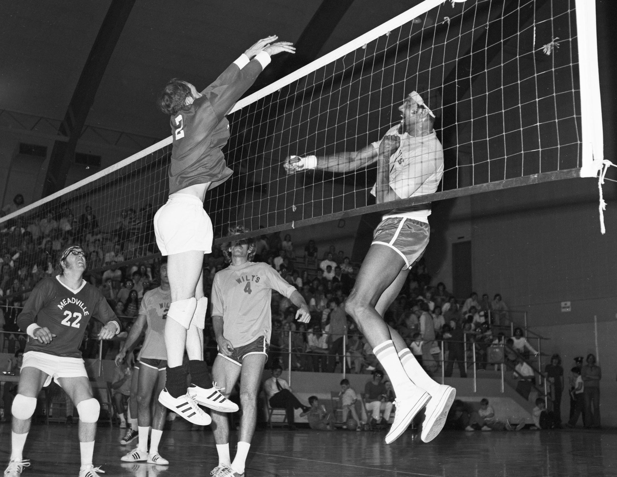NBA legend Wilt Chamberlain competing in a volleyball exhibition versus the Meadville YMCA team at David Mead Field House, May 27, 1972. -- COURTESY MEADVILLE TRIBUNE