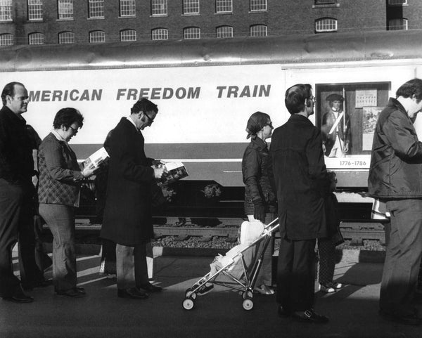 Manchester residents wait their turn to tour the American Freedom Train, April 14, 1975. -- Photo by Alan Jahn. Union Leader Archives