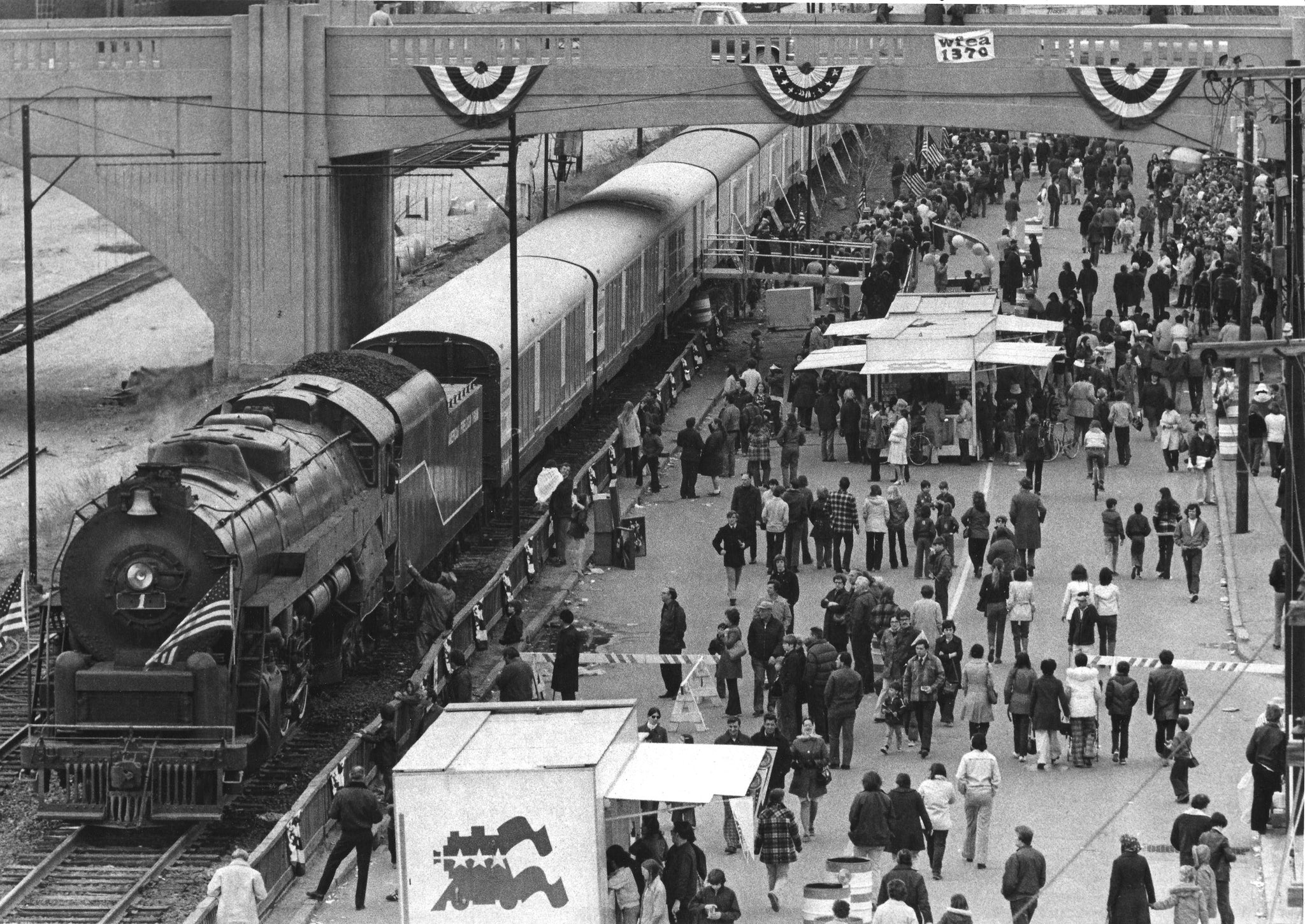 Several thousand people viewed the American Freedom Train during its two-day stopover in Manchester. Manchester was the train’s fourth stop on an 18-month trip across the United States. April 16, 1975. -- Photo by Alan Jahn. Union Leader Archives